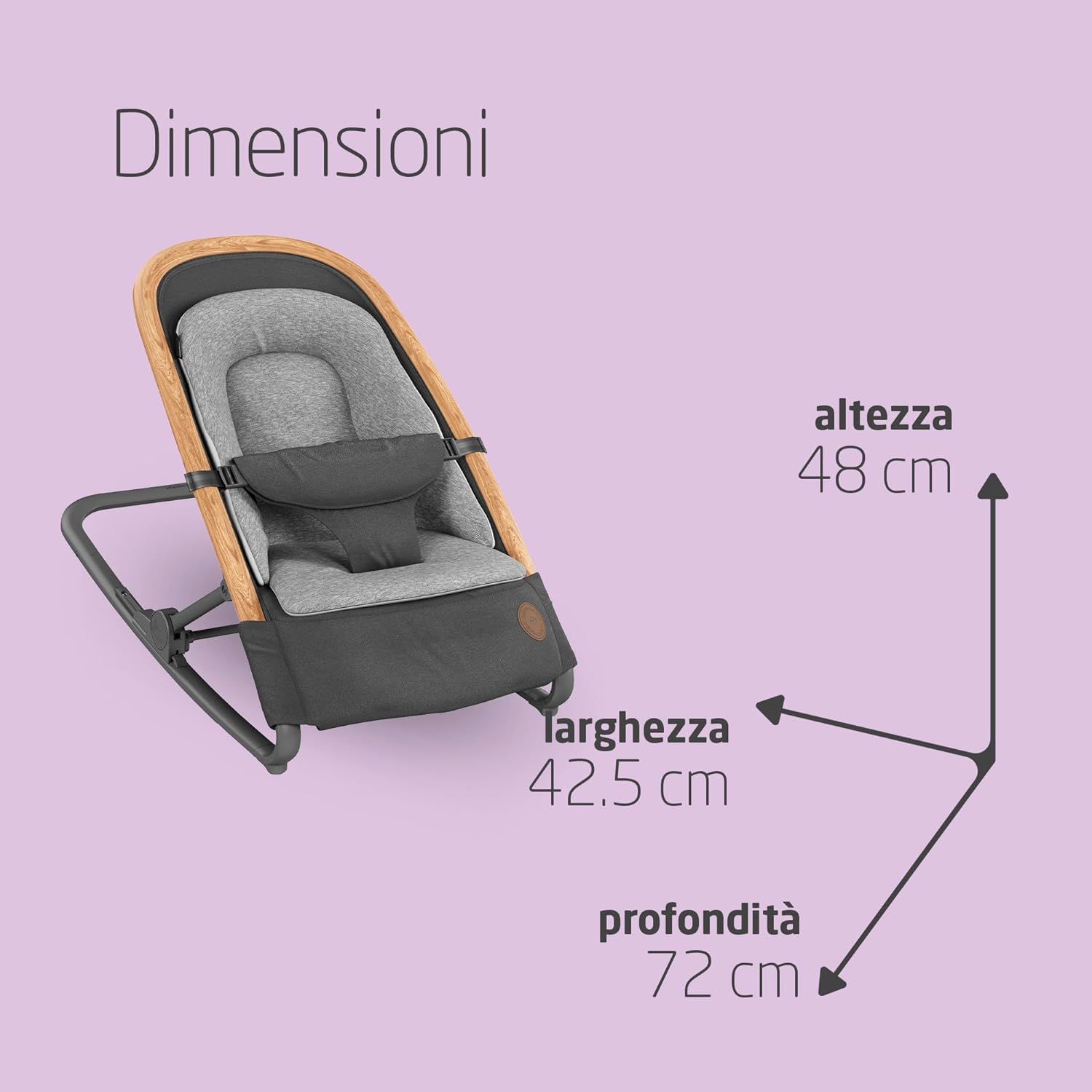 Maxi-Cosi Kori Sdraietta Neonati in Tessuto, 0-6 mesi, 9 kg, Sdraietta Pieghevole, 3 Posizioni di Reclinabile, Chiusura Compatta, Cinture Easy-in, Chiusura Compatta, Essential Graphite