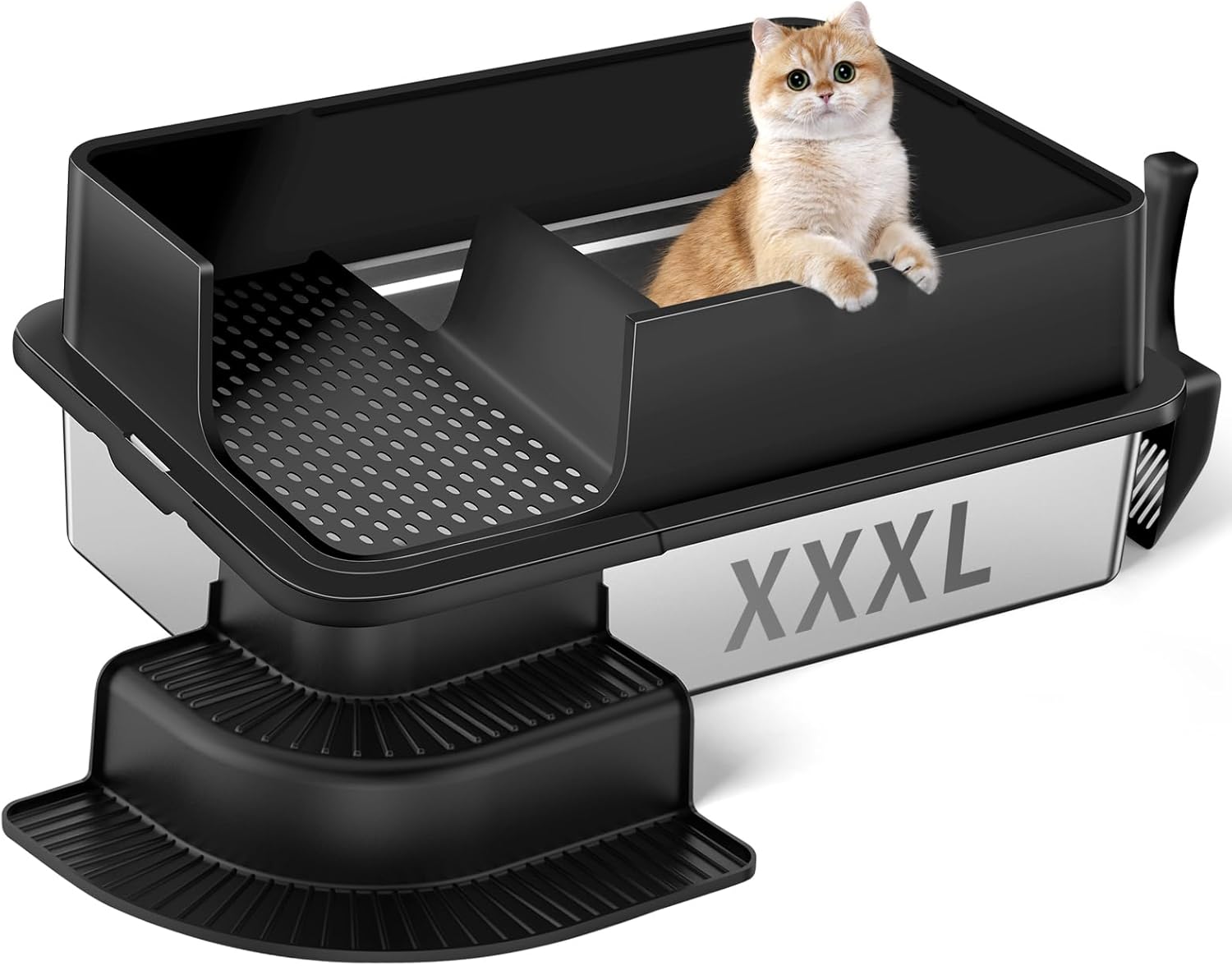 XXXL Stainless Steel Litter Extra Large Semi Enclosed High Sided Metal Cat Litter Box with Filtered Grid, Step, Scoop, Non-Sticky, Non-Odor, Easy Cleaning (Black) Semi Enclosed-Black