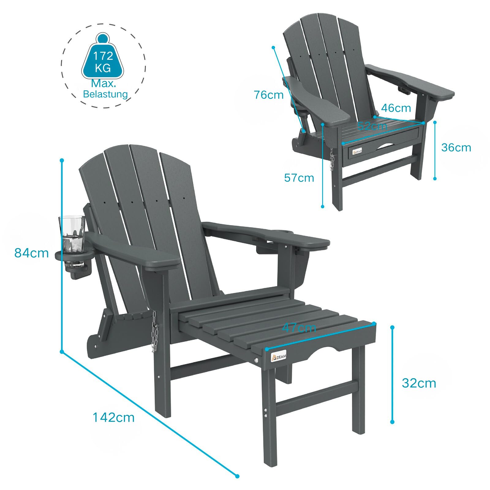 Mdeam Adirondack Stuhl Klappbar, Gartenstuhl mit Verstellbarer Rückenlehne & Fußstütze für Garten Terrasse, Adirondack Chair mit 2 Getränkehalter, Wetterfestes HDPE, Grau