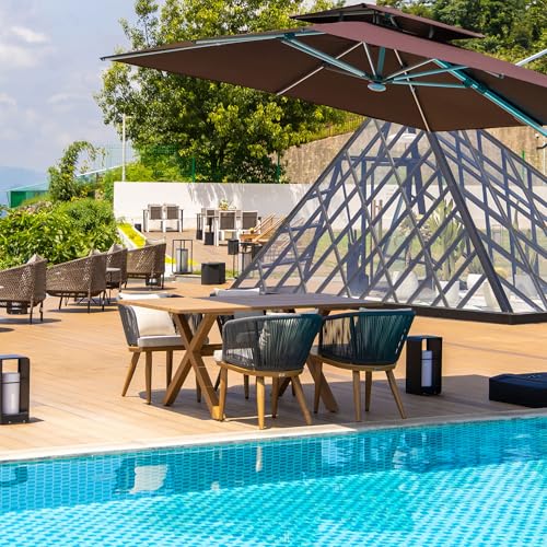 Image of PURPLE LEAF 5 Pieces Patio Dining Set Wicker Outdoor Furniture Rectangular Table and Chairs Set for Garden Deck Teak-Finish Aluminum Frame Backyard Kitchen Set, Cushions and Pillows Included