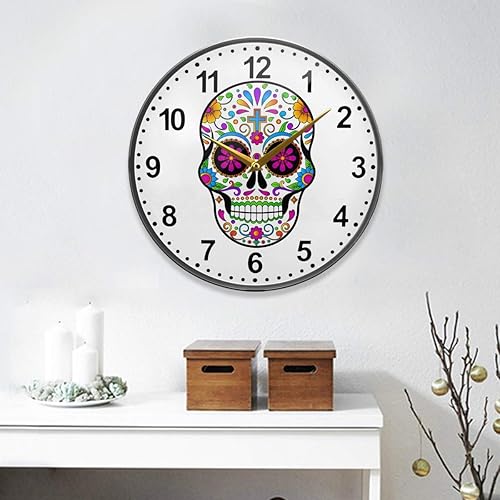 Miniatura 7 de ALAZA Dia De Muertos - Reloj de pared con calavera de azúcar mexicana, funciona con pilas, silencioso, sin tictac, para decoración de sala de estar,