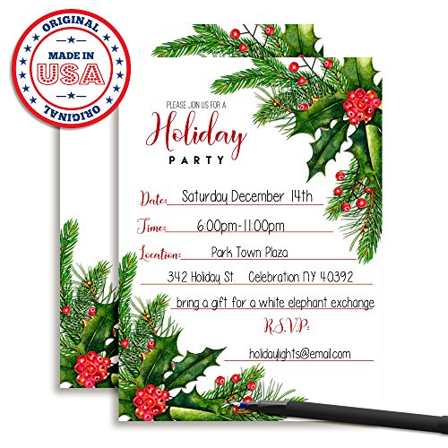 Watercolor Holly And Pine Holiday Party Invitations, 20 5"X7" Fill In Cards With Twenty White Envelopes By Amandacreation #TOP2