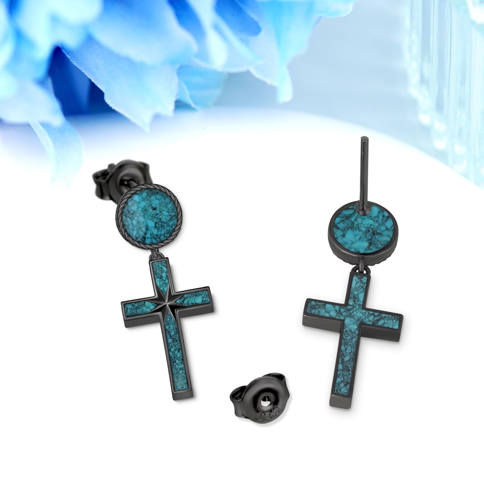 Pendientes de cruz negra de plata de ley 925 con turquesa, aretes colgantes de cruz para mujeres y hombres