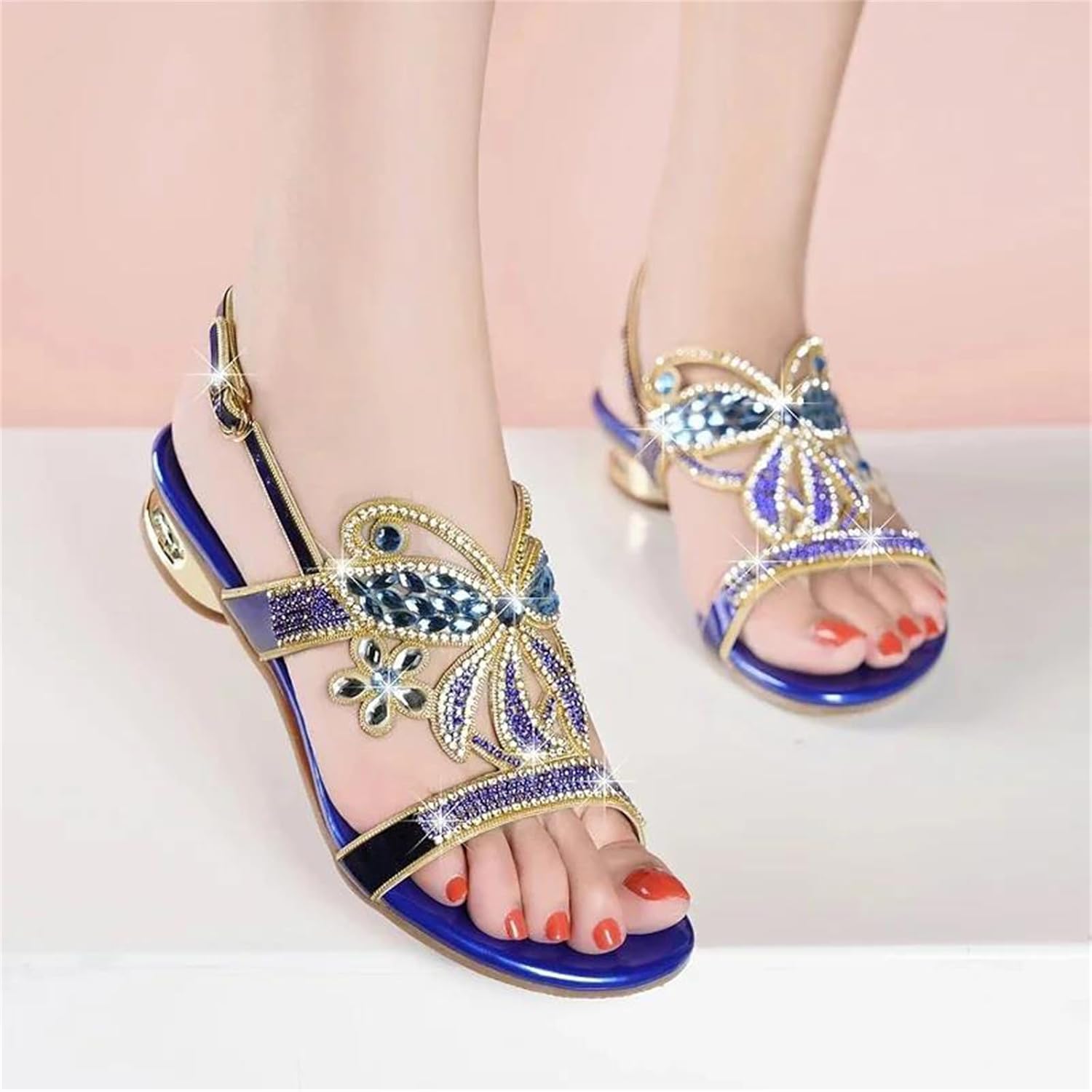 Women’s Outdoor Mid Heel Sandals Rhinestone Detail Summer Party Style Shoes for Travel and Daily Casual Wear