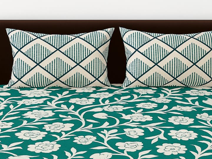 Image of Elastic Fitted Bedsheets with 2 King Size Pillow Covers | Double Bed with All Around Elastic, Size 72 x 78 x 8 Inches (Green White Floral)