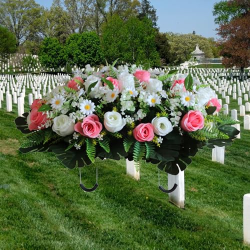 Cemetery Flowers - Outdoor Grave Decorations Cemetery Headstone Saddle Flower Arrangement in Rose Collection Grave Marker Decoration Sympathic Flowers (White Rose+Pink Rose) image 4