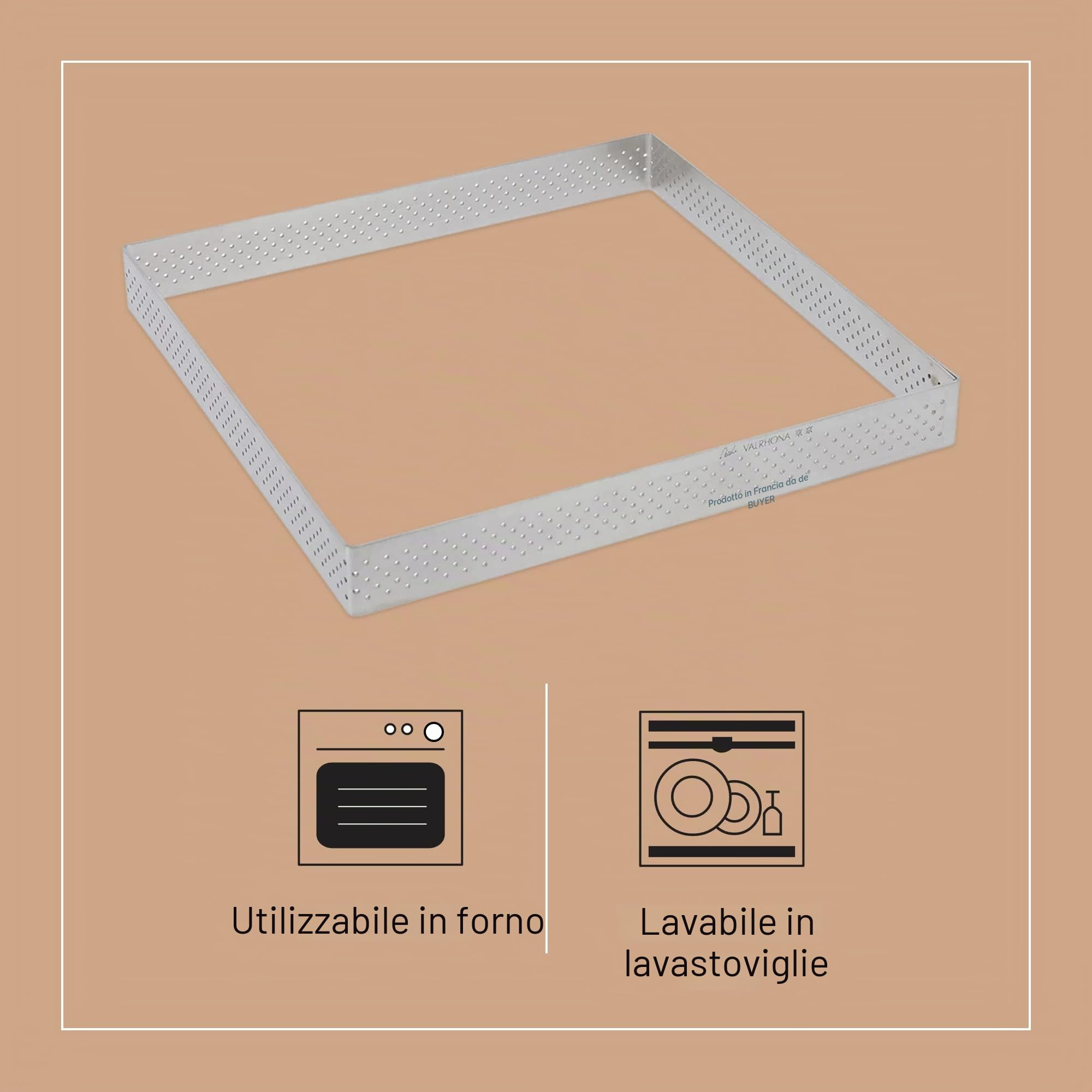 De Buyer Stampo quadrangolare in acciaio inox perforato con bordi dritti, lunghezza cm 20, 3099.22