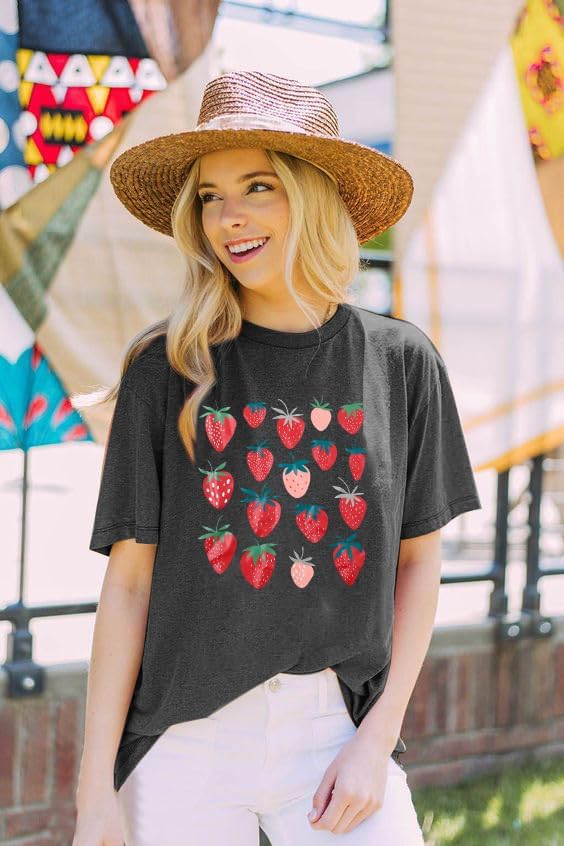 JINTING Strawberry Shirt for Women Cute Pink Graphic Tee Girls Fruit Lovers Shirts Garden Casual Summer Tee Tops - Image 2