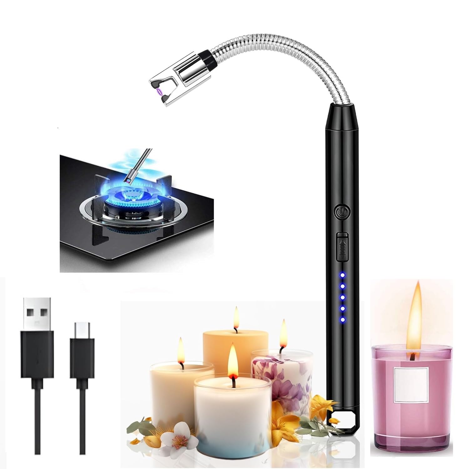 Gas Lighter for Kitchen, Candle Rechargeable Electric Arc Lighter – Windproof Flameless, Stove & BBQ | USB Charging | 400 Uses | 360° Flexible Neck | Multipurpose & Fireworks Igniter