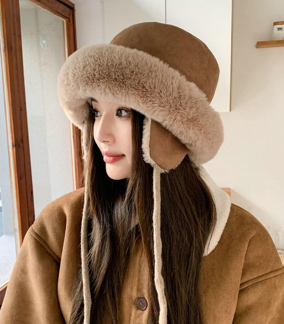 Winter Suede Bucket Hat with Ear Flaps Women Men Fuzzy Beanie Hat Faux Fur Fisherman Cap Beanies Hat Cloche Aviator Caps Khaki