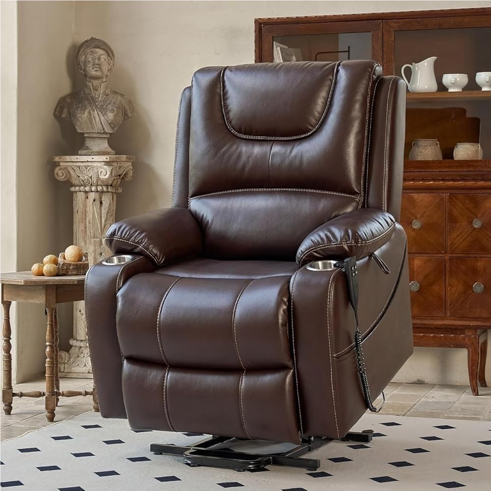 Large Electric Lift Recliner Chair with Dual Motors Lay Flat Design Massage Heat Cup Holder Comfortable Support for Elderly