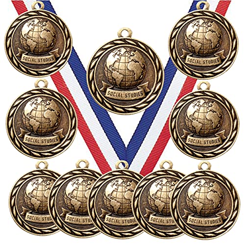 10 Pack of Social Studies Gold Medals Trophy Award with Neck Ribbons MA