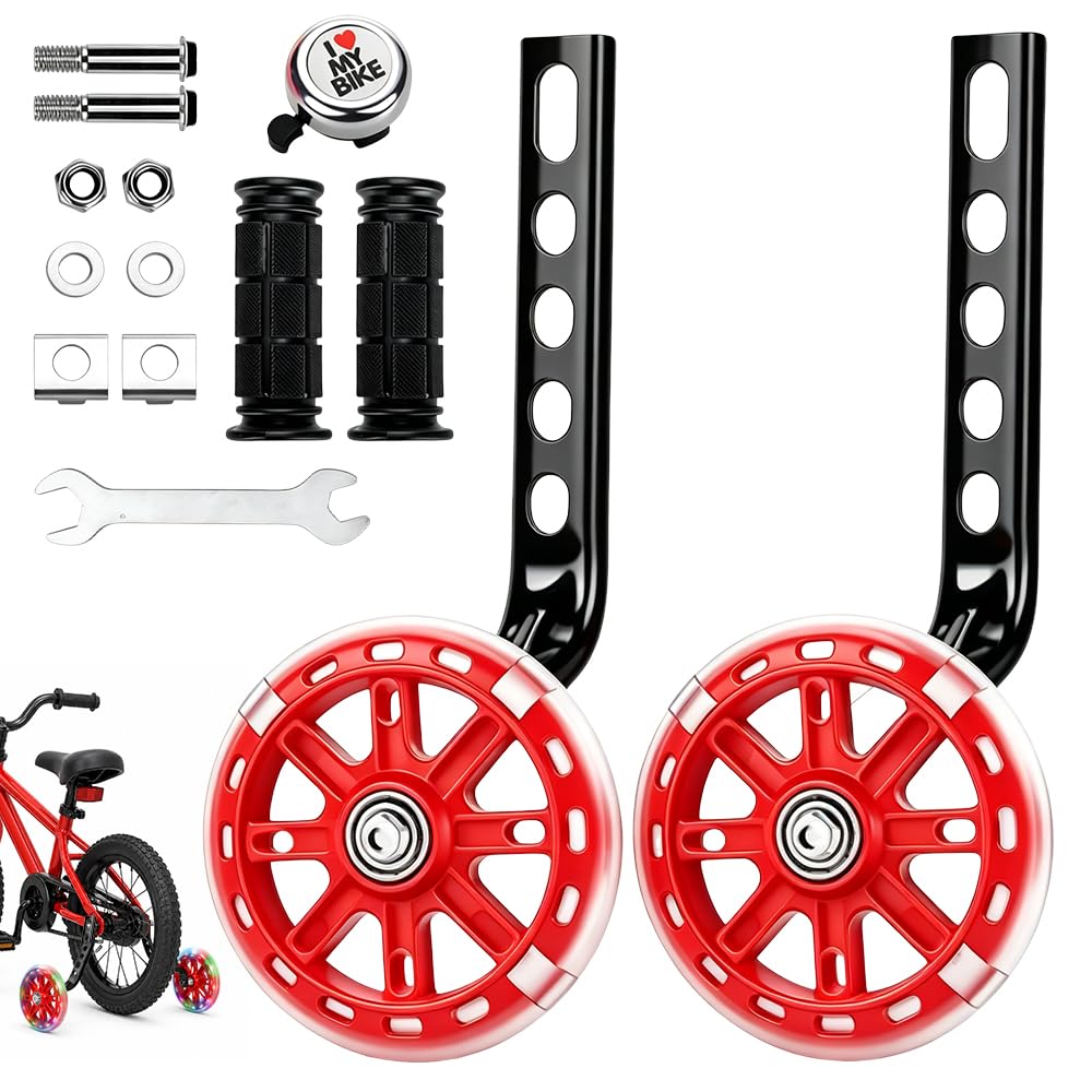 Weciau Bike Stabilisers for Childs bike, Bicycle Training Wheels Compatible with 12 14 16 18 20 Inch Bikes, Mute Flash Support Wheel with Adjustable Bicycle Stabiliser Mounted Kit (Red)