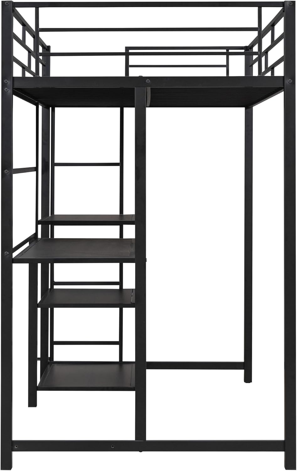 Harper & Bright Designs Twin Size Loft Bed with Desk and Whiteboard, Mental Loft Bed with 3 Shelves and Ladder, Black