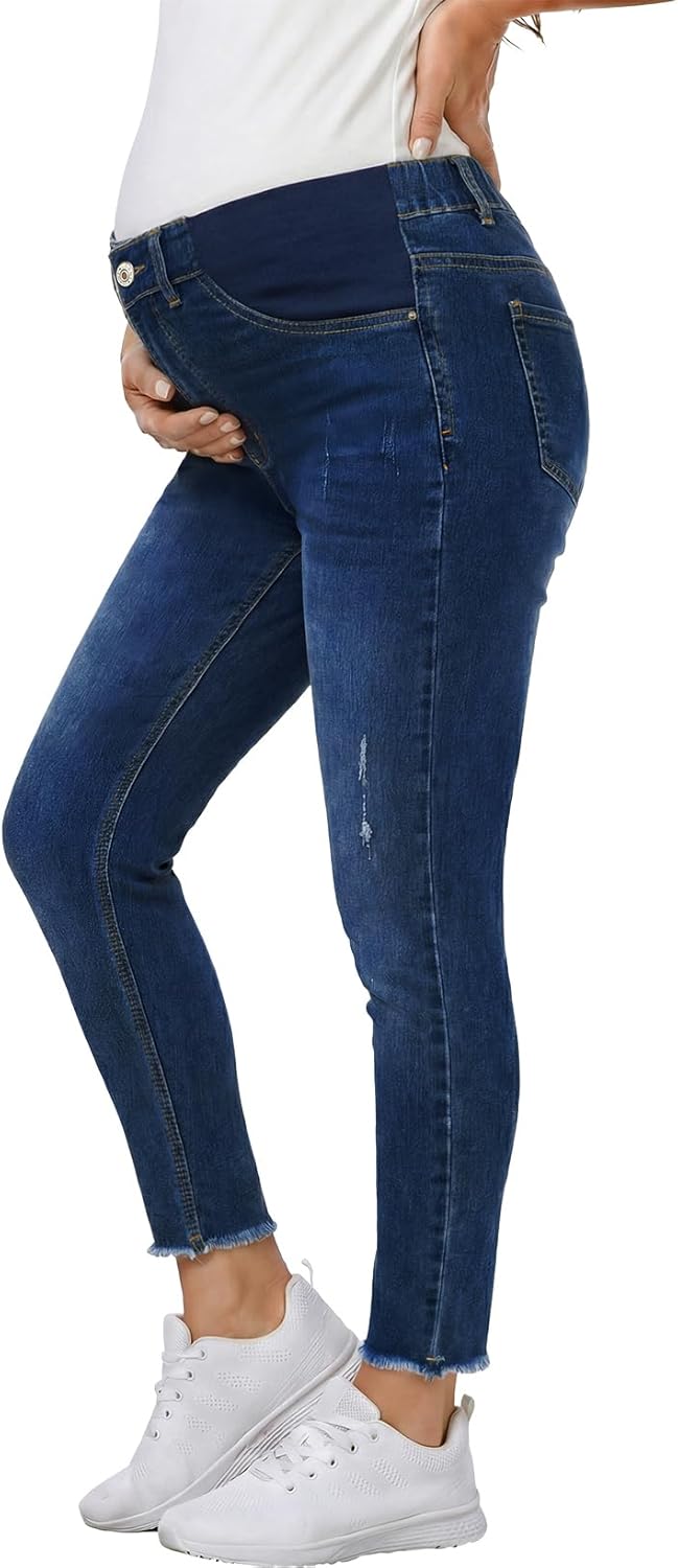 BLENCOT Maternity Skinny Jeans for Women Stretchy High Waisted Ripped Pregnancy Denim Pants with Raw Hem