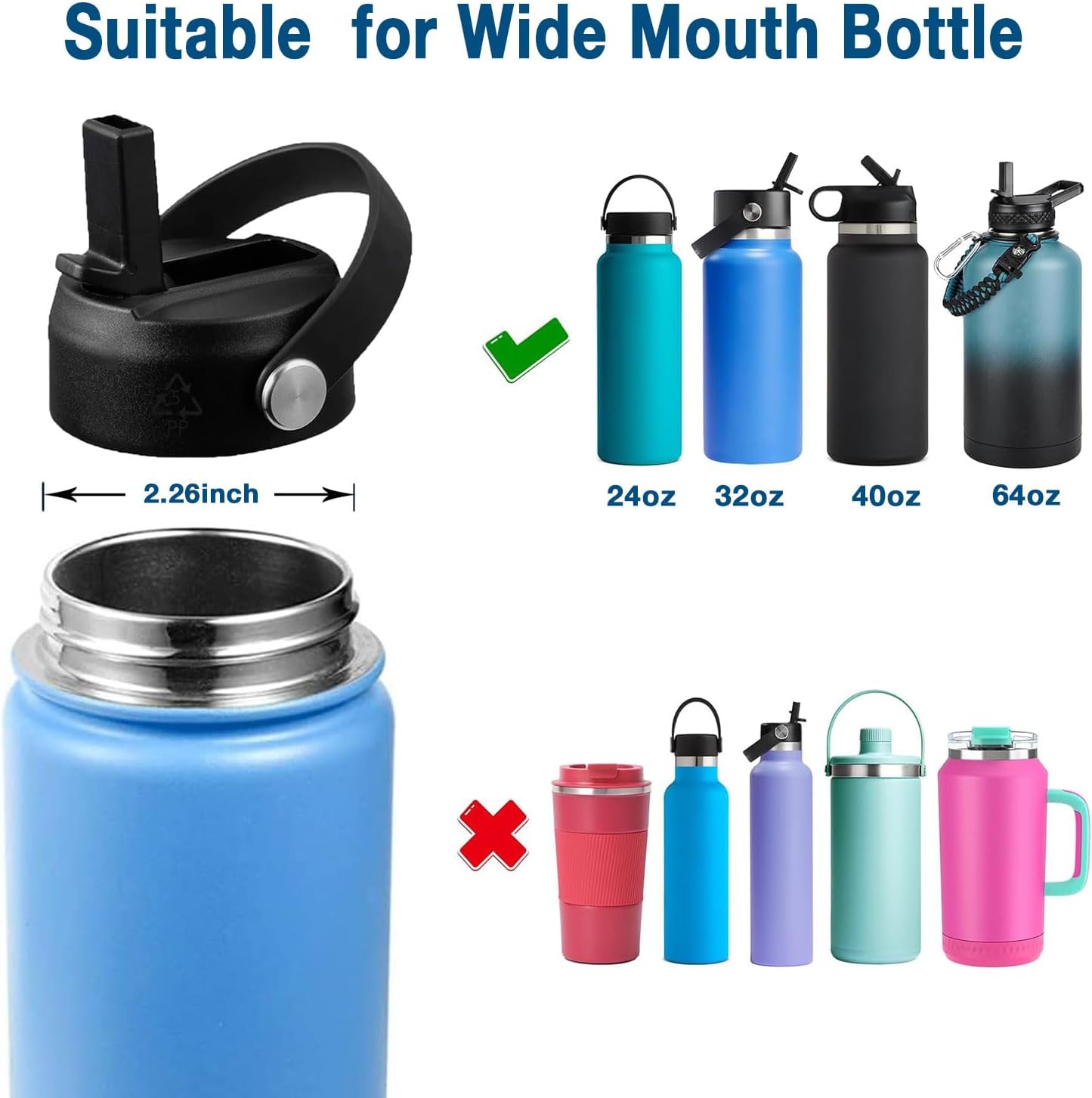 Straw Lid for Hydro flask Wide Mouth Bottle 24 32 40 64oz,Flip Flask Cap for Hydroflask,Leak Proof Sports Water Bottle Top accessories - Image 2