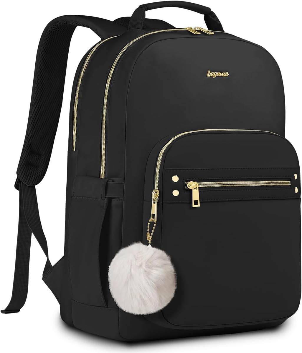 bagswan Backpack for Women Girls School Bookbag: 15.6 inch Cute Laptop Backpack for College Students Teens Casual Daypack Middle High School BookBags Waterproof Back Pack for Travel Black