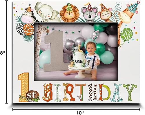 Miniatura 8 de Marco de fotos de primer cumpleaños, tema de cumpleaños de animales de safari, primer año del pequeño, marco de fotos con impresión UV (5 x 7