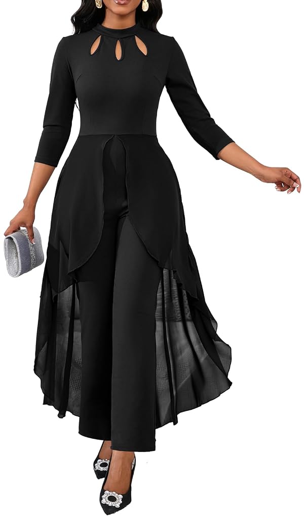 Black Jumpsuit for Women 3/4 Sleeve Mock Neck Outfit with Chiffon Overlay,S by VisiChenup - Used condition - US$36.44