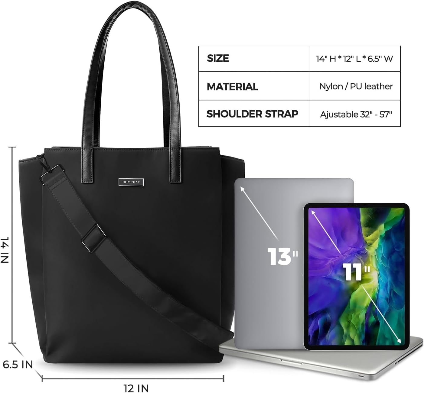 Large Laptop Tote Bag for Women 13 inch, Lightweight Teacher Bag Women Office Work Bag with Straps, Waterproof Computer handbag Business Briefcase, Black