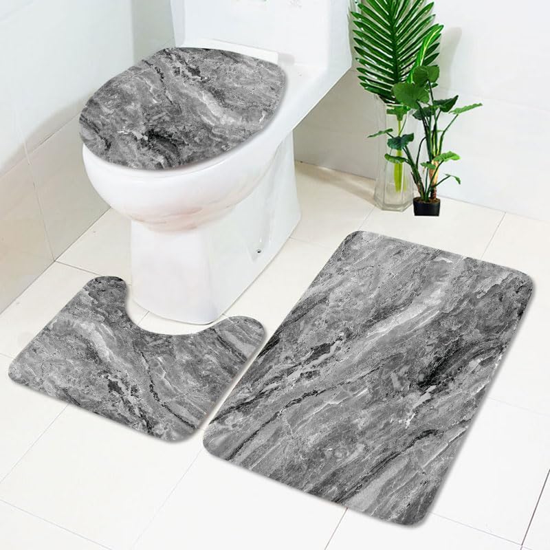 Badgarnitur 3 Teilig Badezimmerteppich Waschbar Badematte rutschfest,Wc Vorleger Mit Ausschnitt Und Badematte, Badvorleger Toilette Teppich 45X75Cm Grauer Marmor – Bild 5