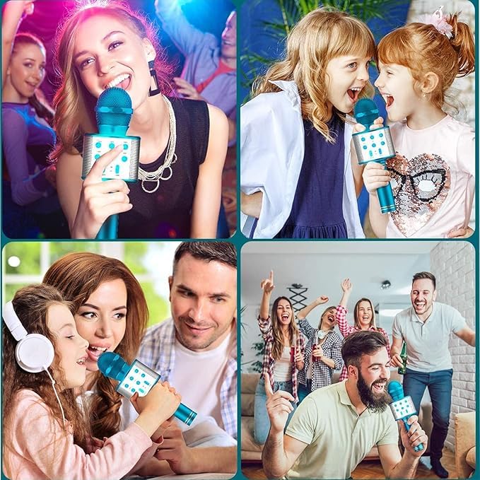 Image of VRJTEC 2-in-1 Wireless Karaoke Mic with Inbuilt Speaker | Portable Singing Microphone with Audio Recording Card Slot Aux Port USB Charging | Ideal for Home Parties Events (Blue & Silver)