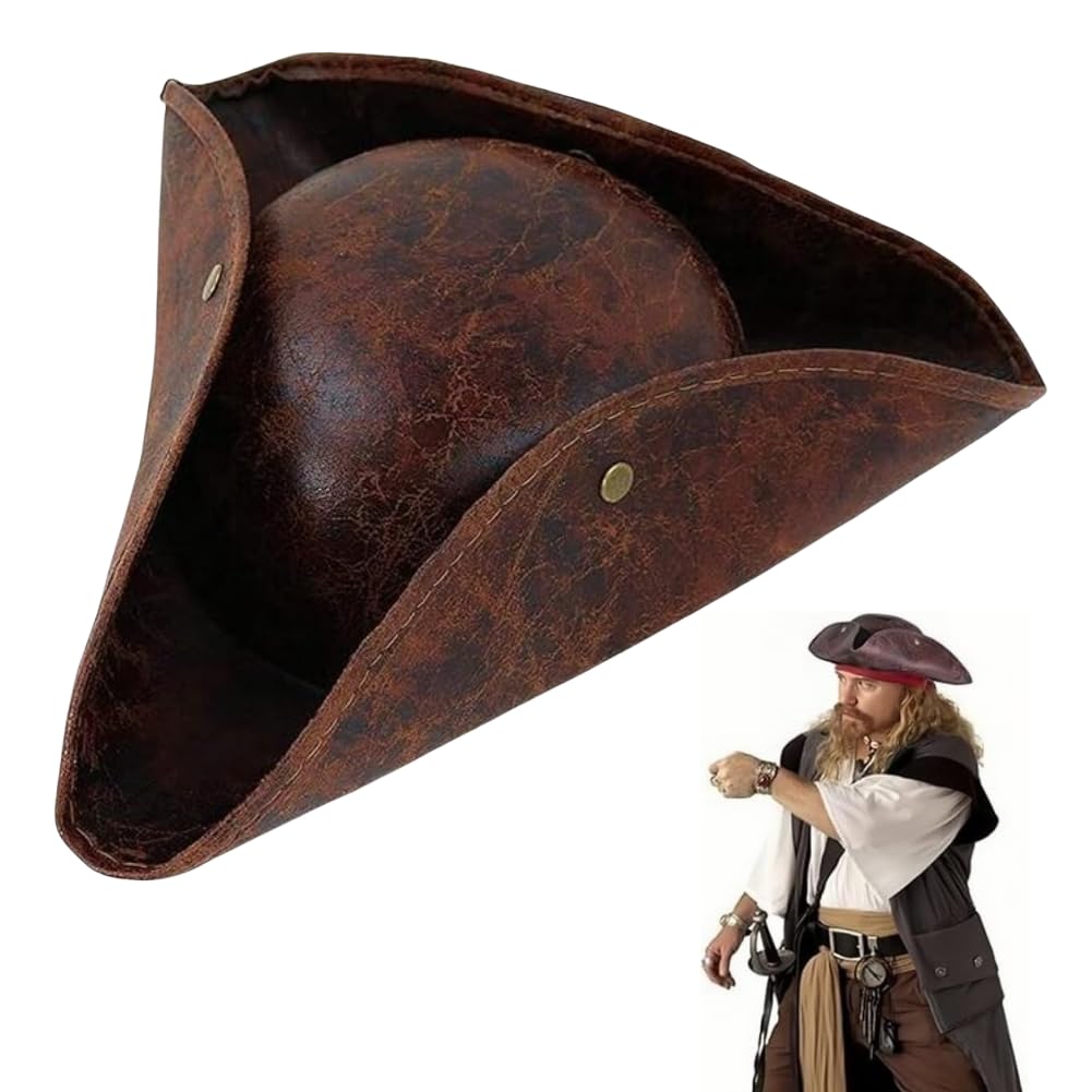 XGOPTS Pirate Hat for Men Women Classic Brown Leather Distressed Colonial Style Tricorn Hat Fancy Dress Colonial Medieval Headwear Accessory for Pirate Theme Party Halloween Cosplay Festival