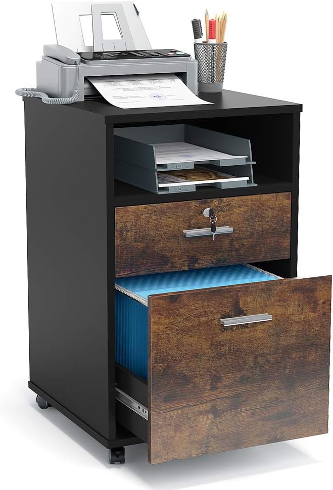 Tribesigns 2 Drawer Mobile File Cabinet with Lock, Wood Modern Filing Cabinet for Letter Size, Printer Stand with Rolling Wheels and Open Storage Shelf for Home Office(Rustic Brown)