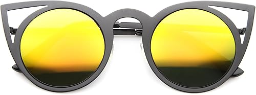 Miniatura 10 de Womens Fashion Round Metal Cut-Out Flash Mirror Lens Cat Eye Sunglasses
