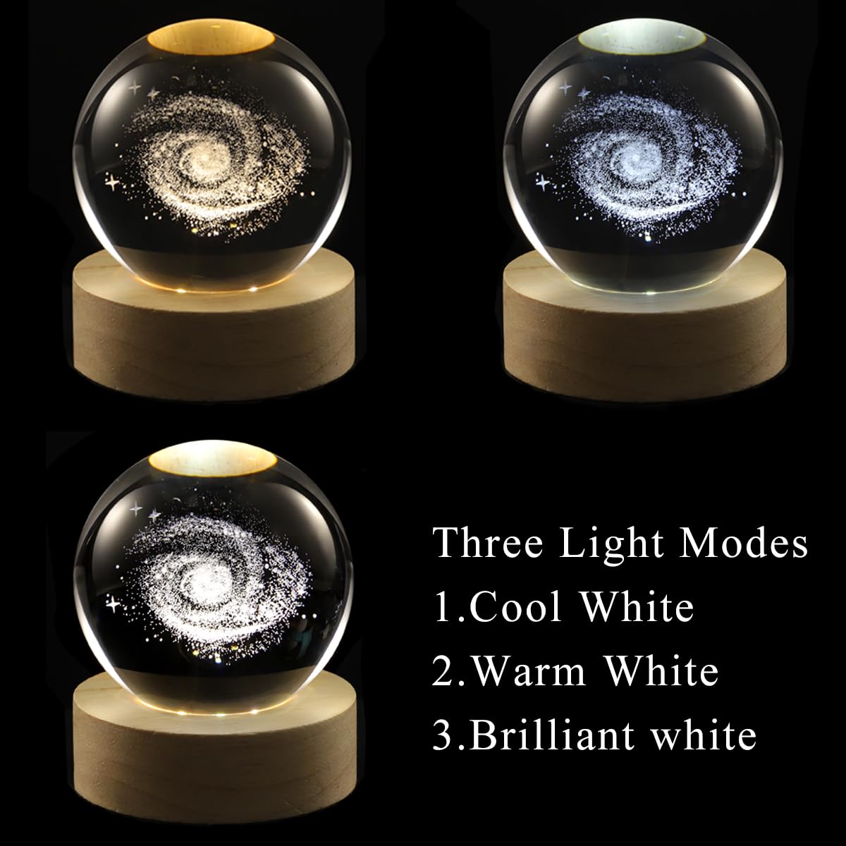 3D Moon Crystal Ball Lamp with Adjustable Brightness LED Wooden Base,Night Light for Kids Teens Adults,Birthday Gift Home Desk Office Bedroom Decor (6cm / 2.4”)​