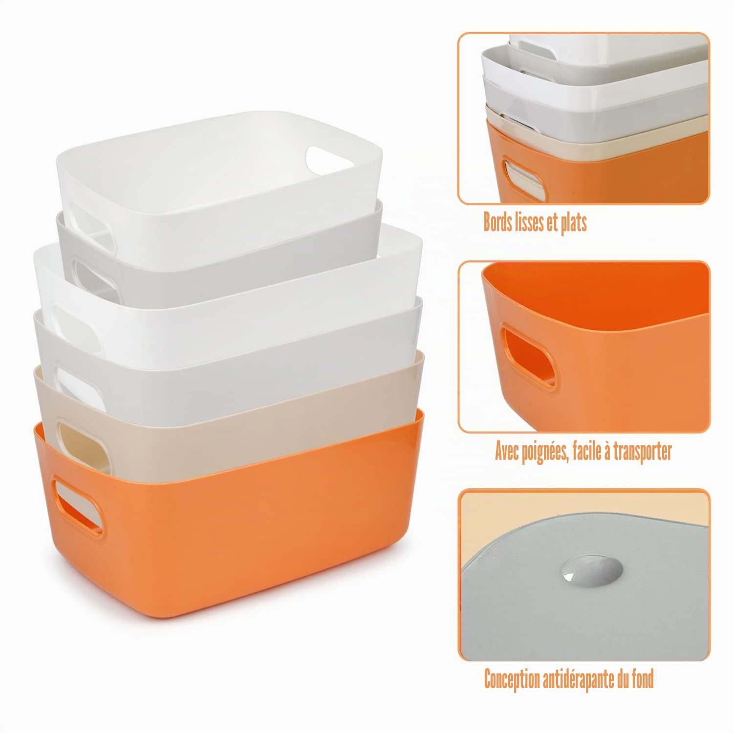 Spesh Paniers et Boîtes de Rangement, Lot de 6 Boites de Rangement Plastique Petit Paniers avec Poignée pour Étagères, Cuisine, Bureau(Orange)