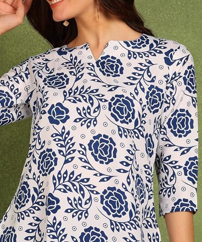 Image of DSK Studio Women's Cotton Short Kurti with Notch Neck Line 3 /4th Sleeves Floral Pattern Short Length and Regular Fit