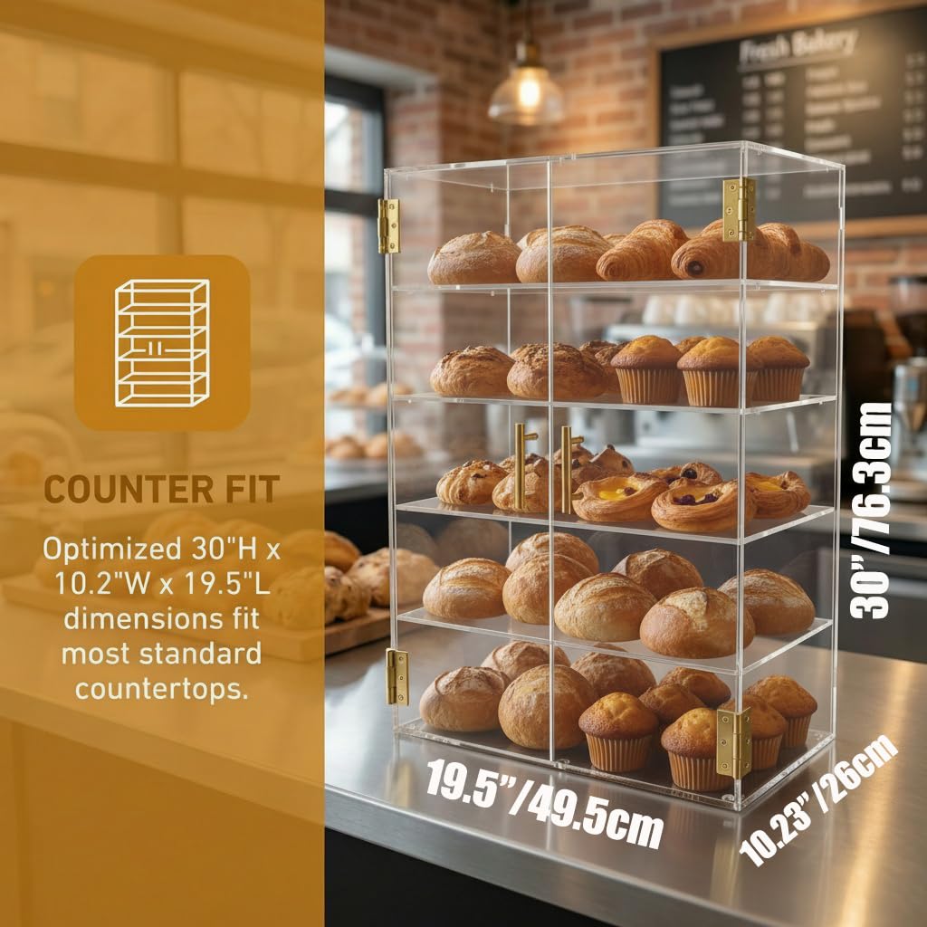 5-stöckige Bäckerei-Vitrine mit elastischer Autotür, 49,5 x 62,7 x 26,2 cm, Acryl, transparent, für Gebäck, Arbeitsplatte, Vitrine, Lebensmittelbox für Brot, Dessert, Kekse, Backen