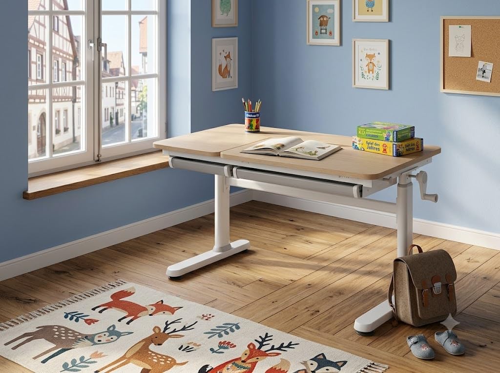 HOKO Kinderschreibtisch, Höhenverstellbar Kinderschreibtische 120x60 cm, Schreibtisch Kinder ab 6 Jahren, neigbare Tischplatte mit Schubladen, 100kg Belastbarkeit, Verstellbar von 54-76cm (Holz,CELIN)