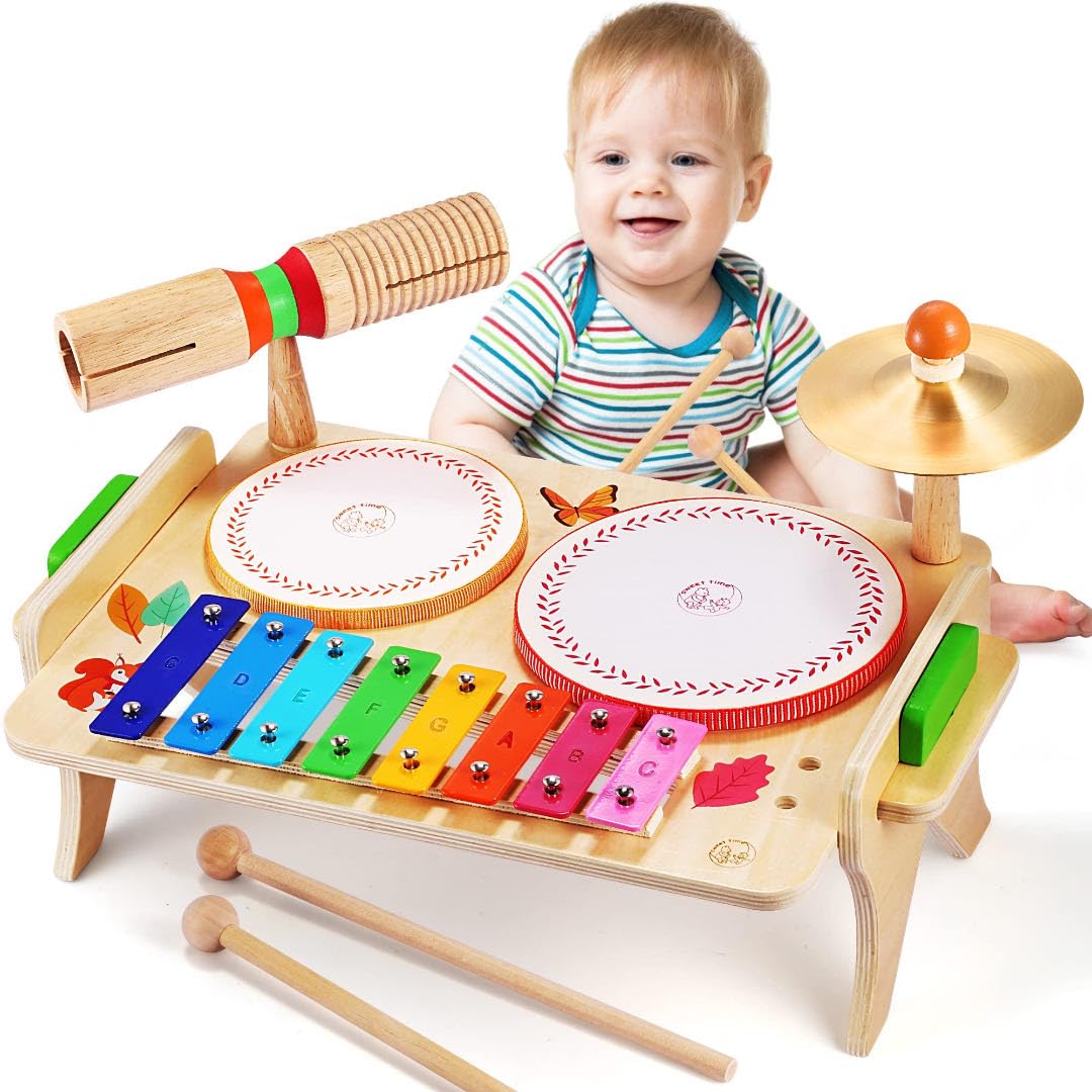 Sweet time Baby Drum Kit Wooden Musical Instruments Toys, Kids Drum Set with Xylophone for Toddlers Birthday Gifts for Boys Girls