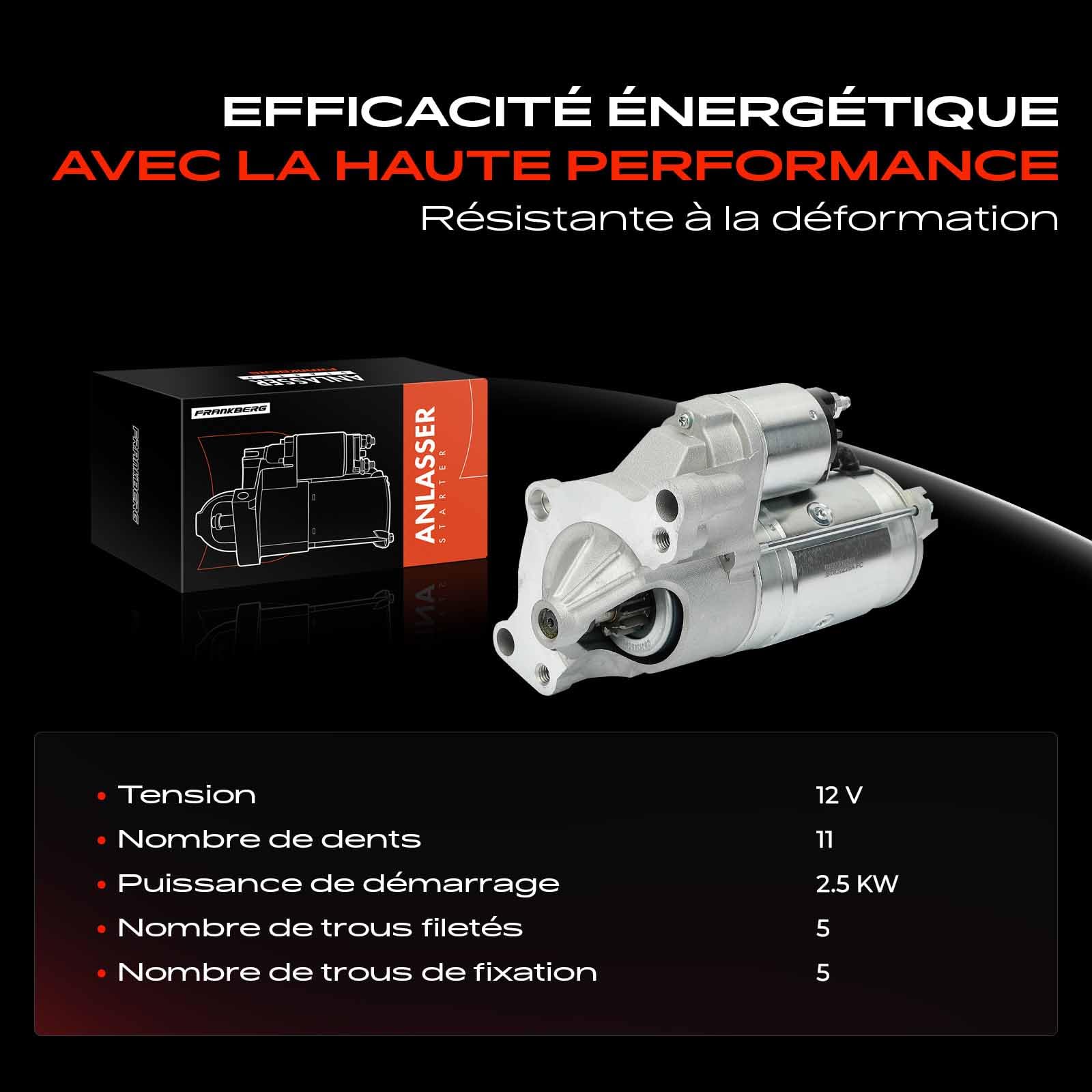 Frankberg Démarreur pour voitures, 2,5 kW, 12 V, 11 dents D8R28, 5802AW | Compatible avec: Grandland X A18 P1UO, 308 II L3 LB LH LP LW, 3008 SUV M4 MC MJ MR, Ulysse 179, C6 TD