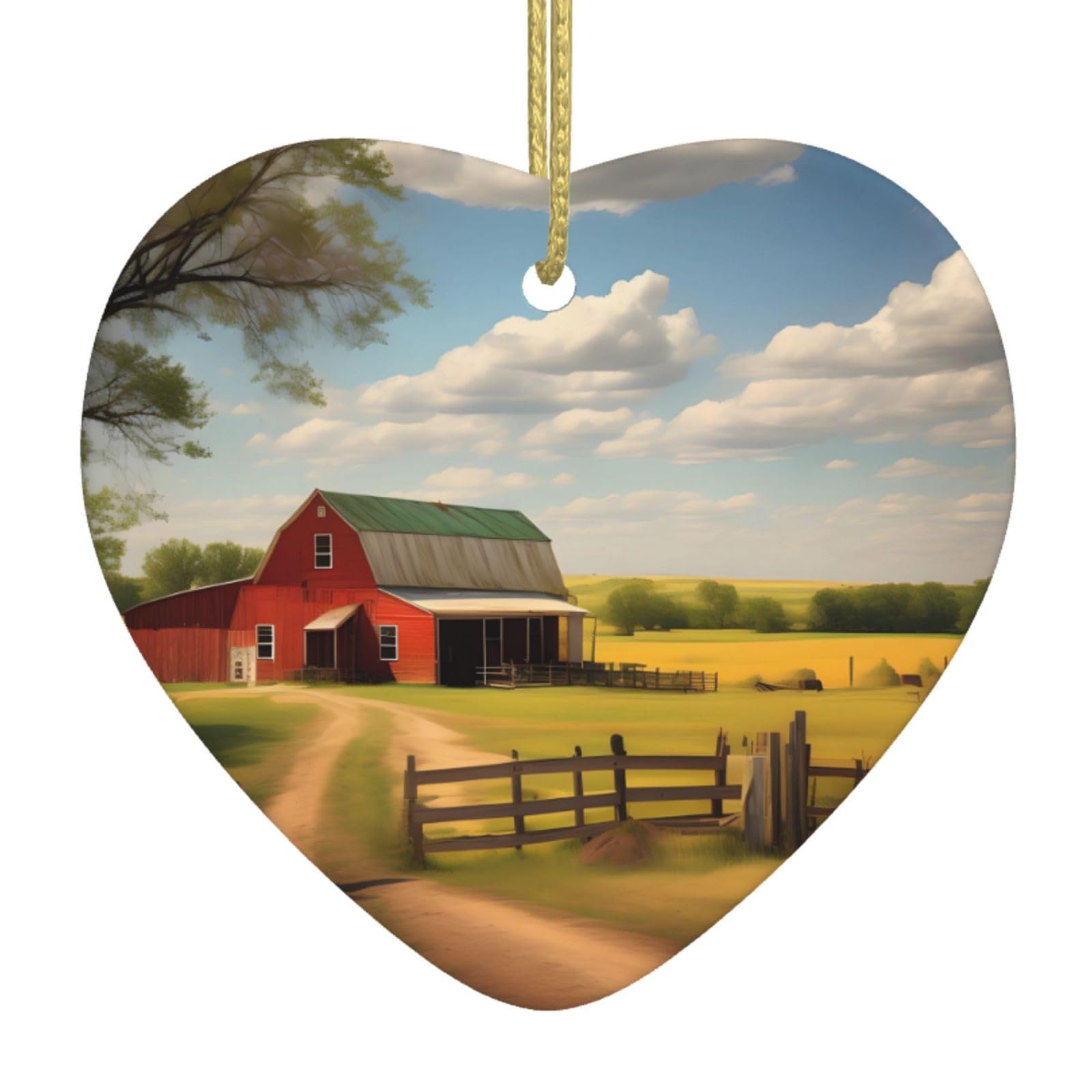 Ranch View Ceramic Christmas Heart Pendant with Silk Thread, Christmas Tree Home Decoration