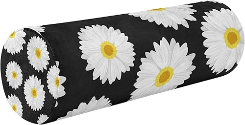 JUNZAN Daisy Flowers on Black Round Bolster Pillow Neck Roll Pillow with Cover Round Pillow Foam for Cervical Neck Support Pillow Small Cylinder