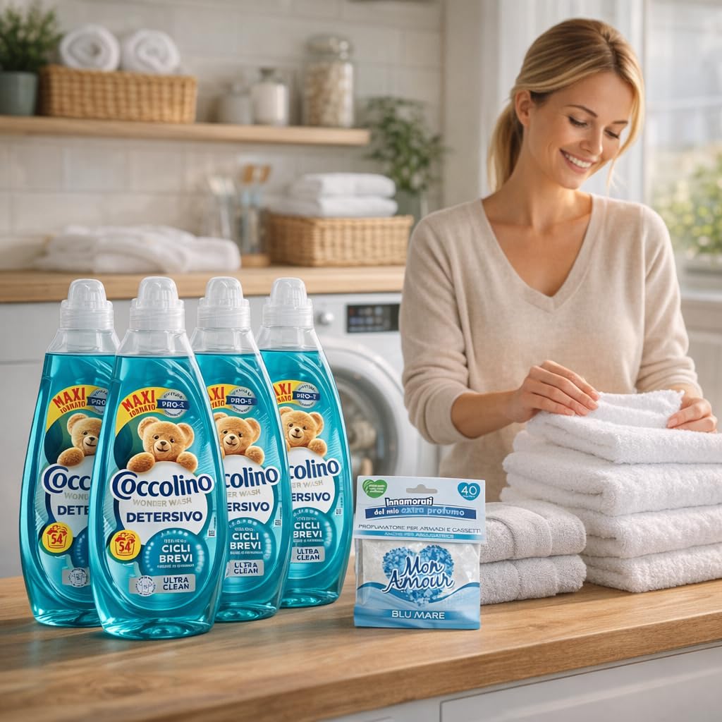 Coccolino Wonder Wash Ultra Clean 4 x 54 Lavaggi (216 Totali) – Detersivo Liquido Lavatrice 2160 ml x4 – Ideale per Cicli Brevi – Maxi Scorta Convenienza + Profumatore Mon Amour in Omaggio