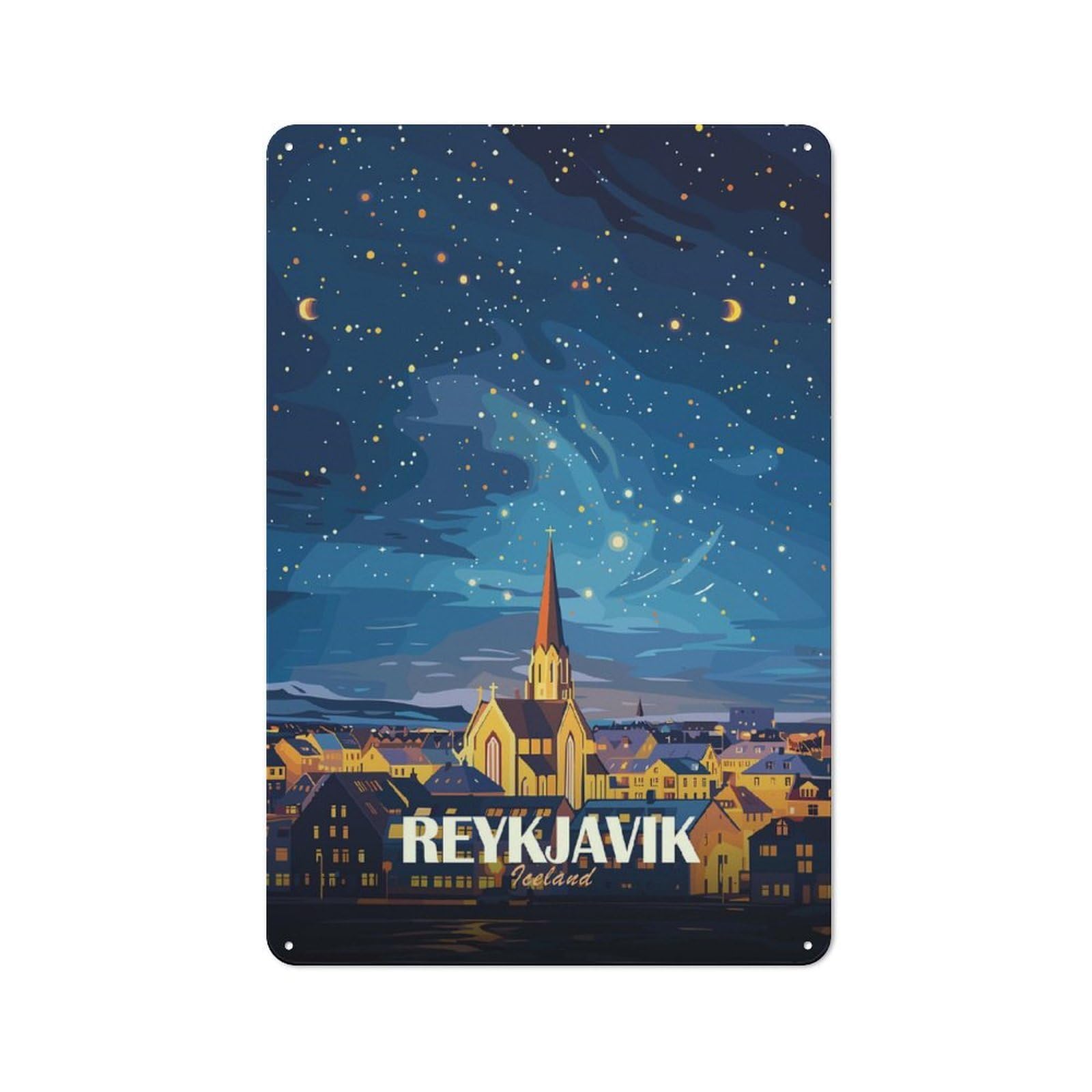 Junmoney Style-5 Cosy Reykjavik Iceland Night Sky Art Metal Plaque 30X20cm, Kitchen Wall Decor For Kitchen, Cafe, Pantry Or Dining Room