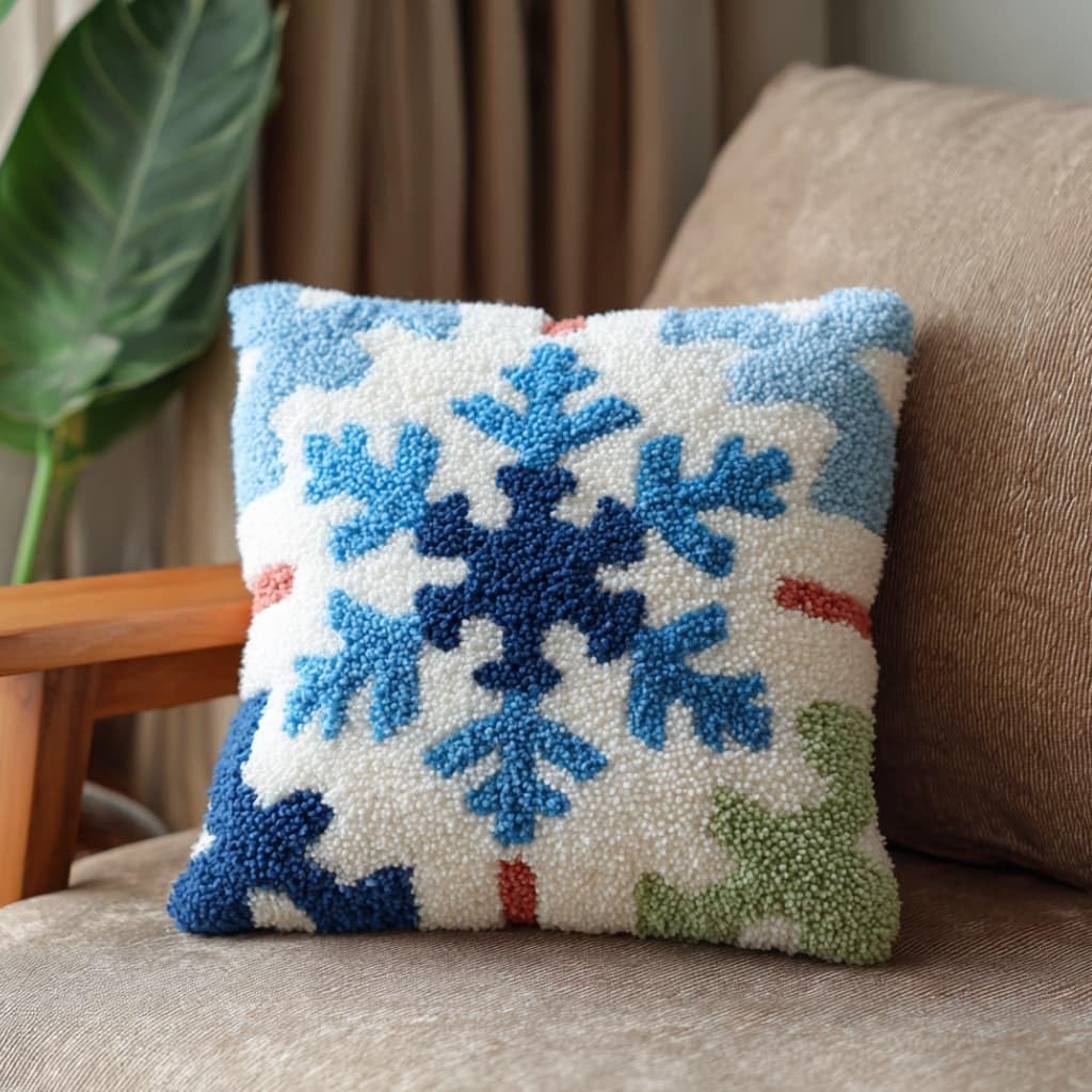 WallustrioaW DIY Latch Hook Pillow Kit,Snowflakes Pillowcase Kits Embroidery Kits 17X17 Inch DIY Needlework Pillow Cover Sofa Cushion Rug Making