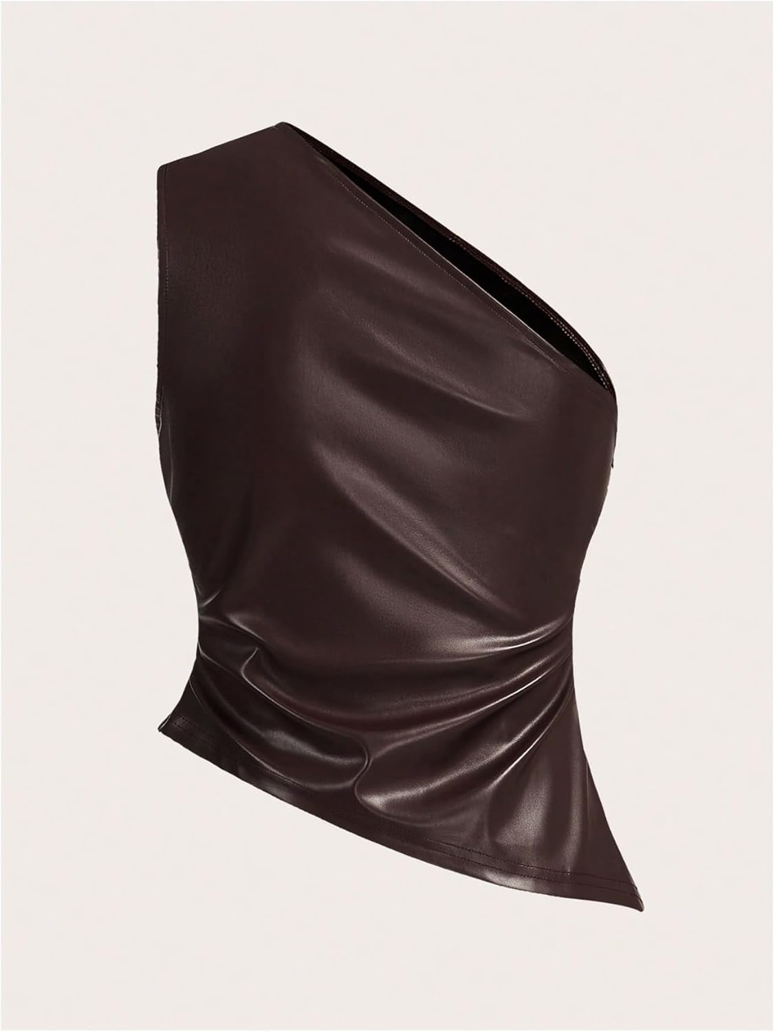MakeMeChic Women's Faux Leather Top Y2k One Shoulder Sleeveless Asymmetrical Ruched Tops Concert Club Outfits - Image 2