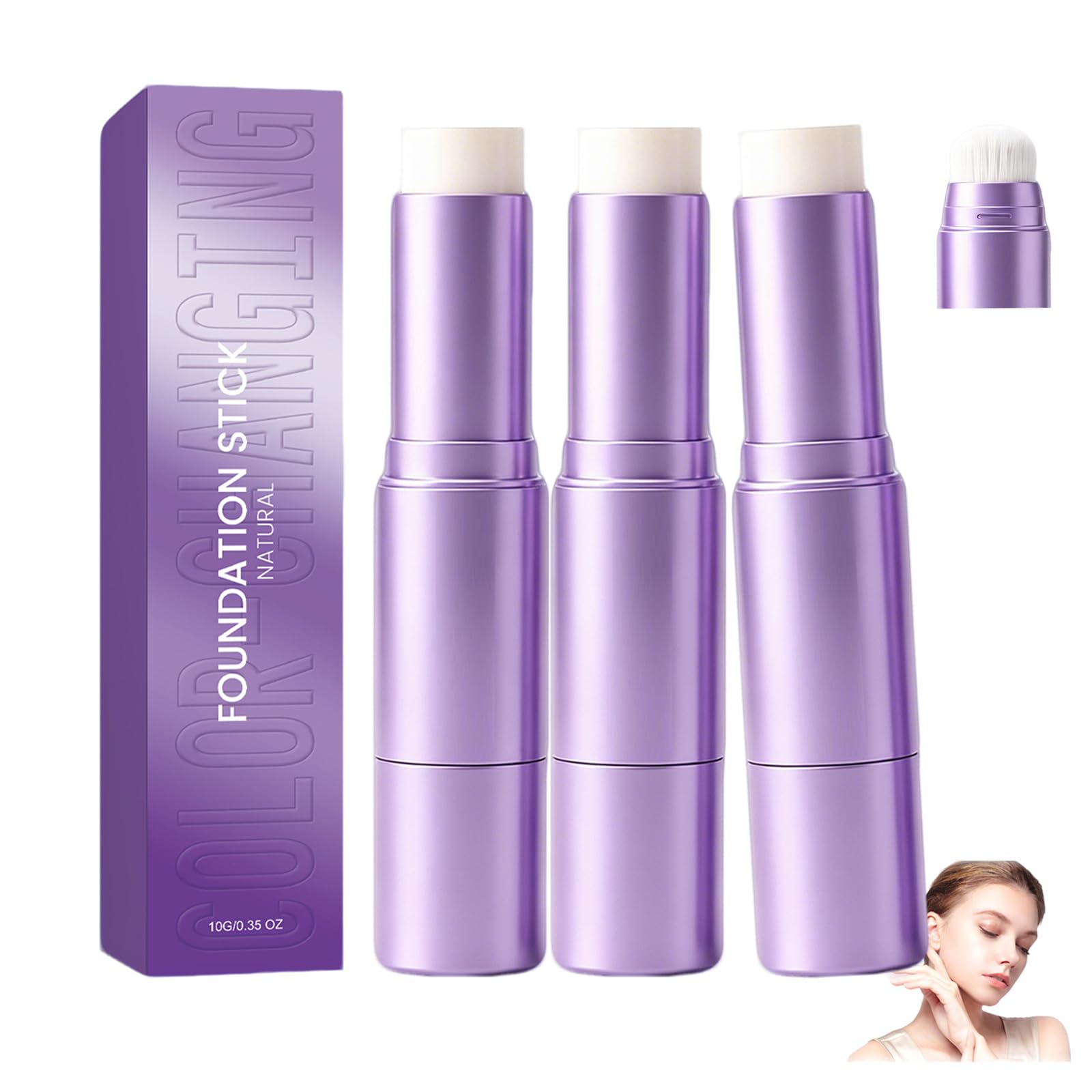 Fondotinta stick 2 in 1 che cambia colore, per pelli mature, con pennello integrato, una finitura uniforme e naturale, texture leggera, idratante a lunga durata, per tutti (3 pezzi)