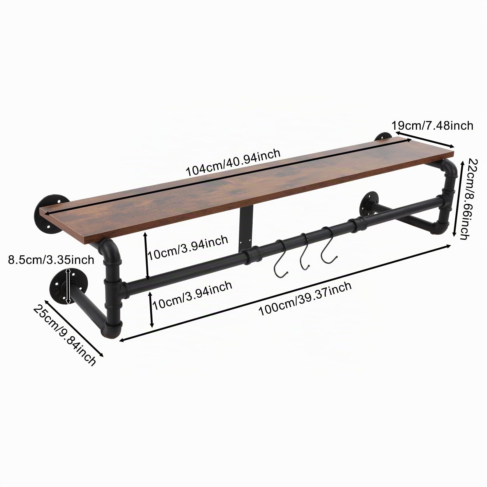 Wandgarderobe mit Ablage, Industrielle Kleiderstange zur Wandmontage, Wandregal mit 3 verstellbaren Haken, Wandmontiertes Hängeregal für Wohnzimmer, Schlafzimmern, Eingang, 100x22x25 cm (Schwarz)