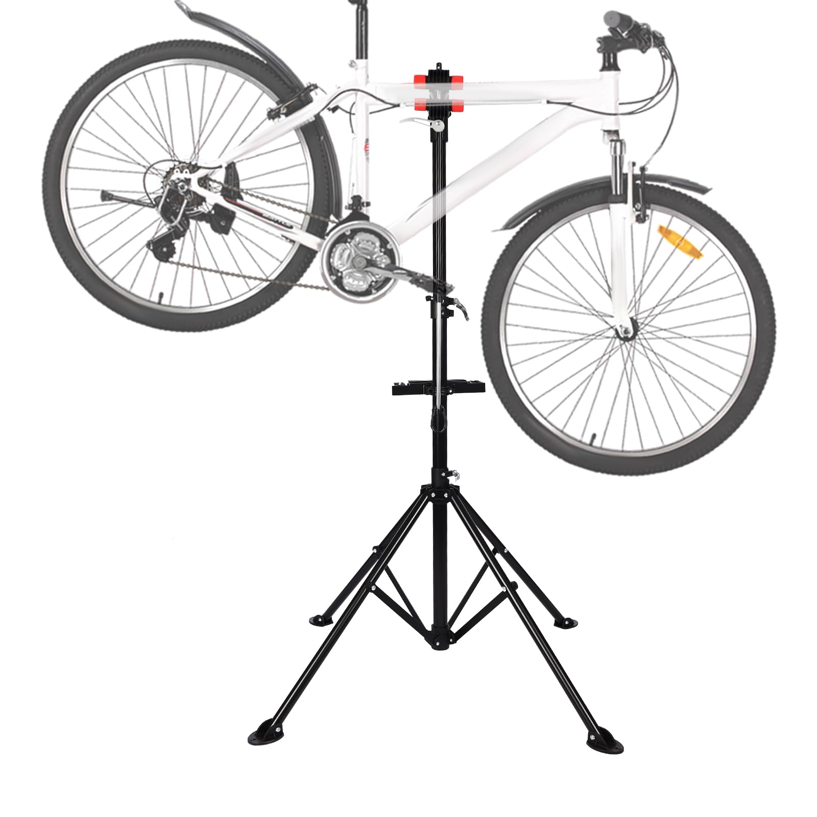 Cavalletto di riparazione per bicicletta, con vassoio per attrezzi, pieghevole e regolabile in altezza, girevole a 360°, 30 kg, stabile con supporto fisso, in acciaio verniciato a polvere