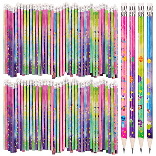 Kolewo4ever 100 Pieces Outer Space Pencils Pencils Bulk Starry Sky Wooden Writing Pencils with Durable Erasers Top Home Office School Classroom Supplies (100)