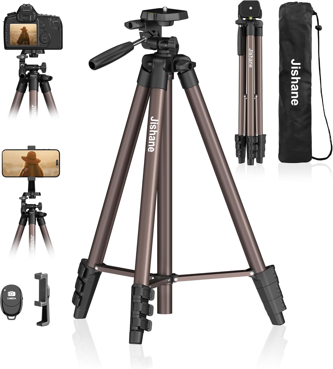 71" Camera Tripod,Lightweight Aluminum Phone Tripod with Wireless Remote, Phone Holder & Carry Bag, Portable Travel Camera Stand for Smartphones Canon