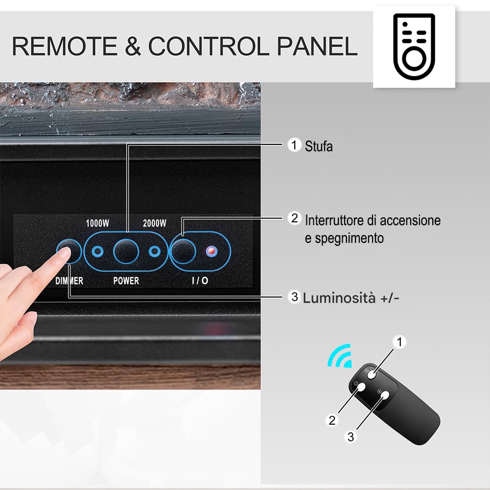 BAKAJI Camino Elettrico a Muro con Cornice Effetto Pietra Potenza 2000W, Caminetto Silenzioso con Telecomando, Stufa a Parete Effetto Fuoco Realistico, Termostato Digitale, Protezione Surriscaldamento
