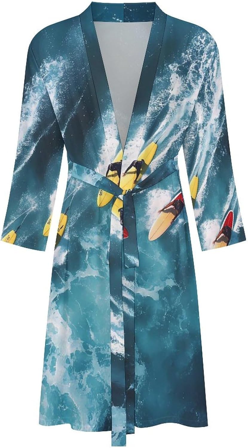 Surfers Surfing on Boards Mens Bathrobe Spa Bath Robe Mid Length Lightweight Kimono