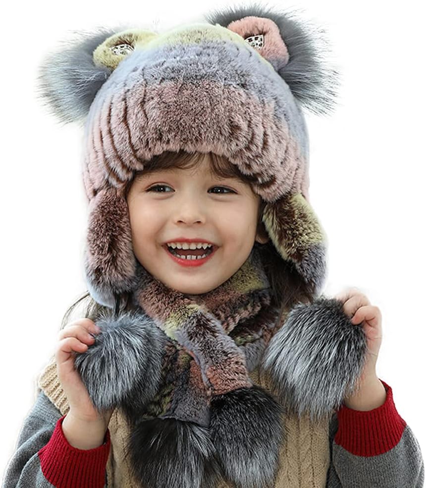 DAISHA Winter Childre's Cute Beanie Hat Scarf Set,Rex Rabbit Fur Neck Warmer Bomber Hat,Christmas and New Year gift.